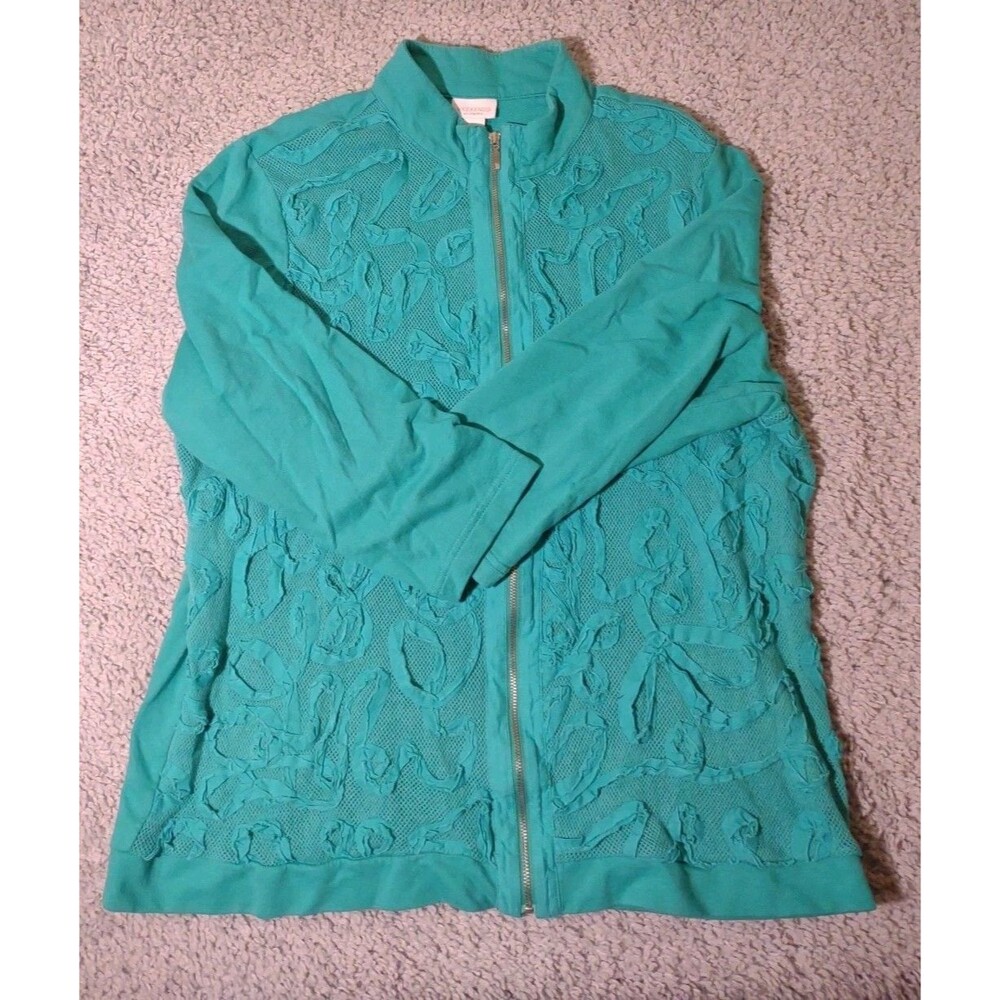 Weekends by Chicos Textured Ribbons Zip Up Teal Jacket Sz 3